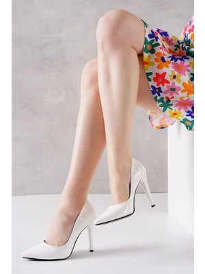Pabucmarketi Beyaz Rugan Kadın Yüksek Topuklu Ayakkabı