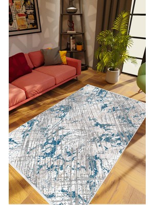 Salon Halısı Modern Eskitme Gri Mavi Kaydırmaz Kesme Yıkanabilir Ince Halı Tüysüz Kilim