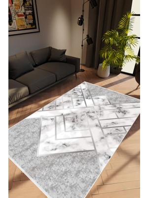 Salon Halısı Eskitme Geometrik Gri Kaydırmaz Kesme Yıkanabilir Ince Halı Tüysüz Kilim
