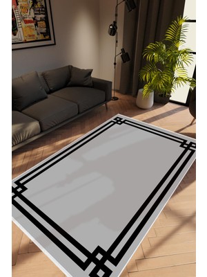 Salon Halısı Modern Çizgili Gri Siyah Kaydırmaz Kesme Yıkanabilir Ince Halı Tüysüz Kilim