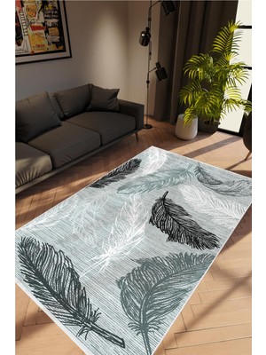 Salon Halısı Çiçekli Tüy Desen Gri Beyaz Siyah Kaydırmaz Yıkanabilir Ince Halı Tüysüz Kilim