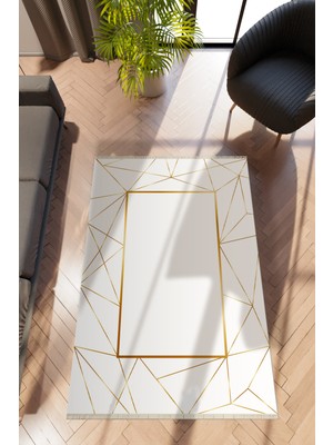 Modern Geometrik Beyaz Dijital Baskı Halı Kaydırmaz Ince Yıkanabilir