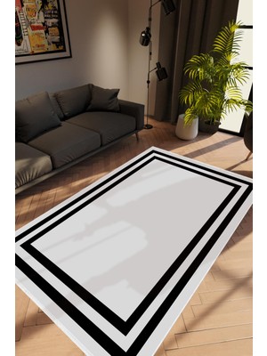 Salon Halısı Modern Çizgili Gri Siyah Kaydırmaz Kesme Yıkanabilir Ince Halı Tüysüz Kilim