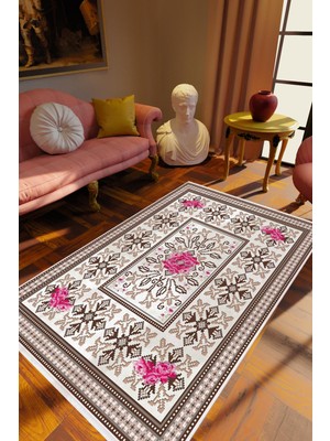 Salon Halısı Çiçekli Pembe Ekru Kahverengi Kaydırmaz Yıkanabilir Ince Halı Tüysüz Kilim