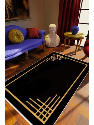 Salon Halısı Klasik Siyah Kaydırmaz Kesme Yıkanabilir Ince Halı Tüysüz Kilim