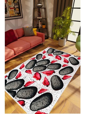 Salon Halısı Figürlü Modern Kırmızı Siyah Beyaz Kaydırmaz Kesme Yıkanabilir Ince Halı Tüysüz Kilim