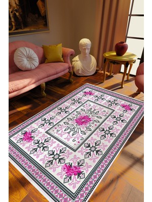 Salon Halısı Figürlü Çiçekli Pembe Kahverengi Kaydırmaz Kesme Yıkanabilir Ince Halı Tüysüz Kilim