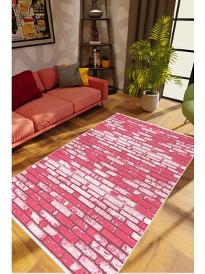 Salon Halısı Taş Mermer Eskitme Pembe Kaydırmaz Kesme Yıkanabilir Ince Halı Tüysüz Kilim
