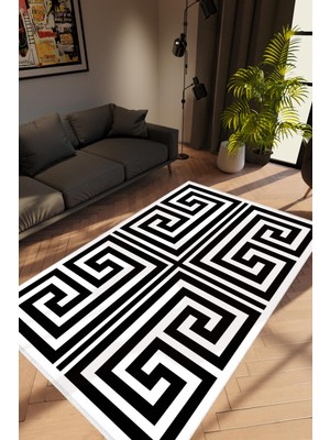 Salon Halısı Modern Geometrik Beyaz Siyah Kaydırmaz Kesme Yıkanabilir Ince Halı Tüysüz Kilim