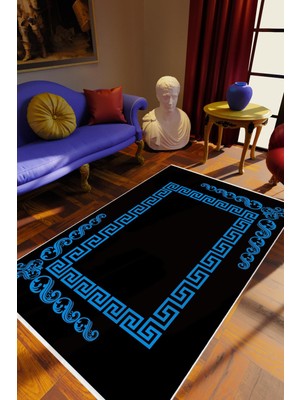 Salon Halısı Klasik Mavi Siyah Kaydırmaz Kesme Yıkanabilir Ince Halı Tüysüz Kilim