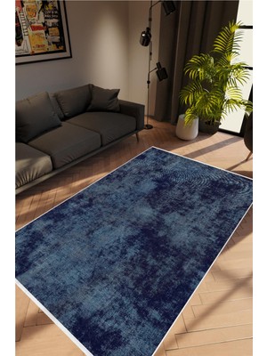 Modern Eskitme Lacivert Kaydırmaz Kesme Yıkanabilir Ince Halı
