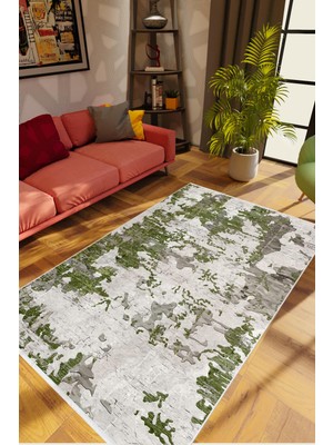 Modern Eskitme Yeşil Gri Kaydırmaz Kesme Yıkanabilir Ince Halı