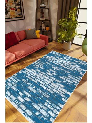 Salon Halısı Taş Mermer Eskitme Lacivert Mavi Kaydırmaz Kesme Yıkanabilir Ince Halı Tüysüz Kilim