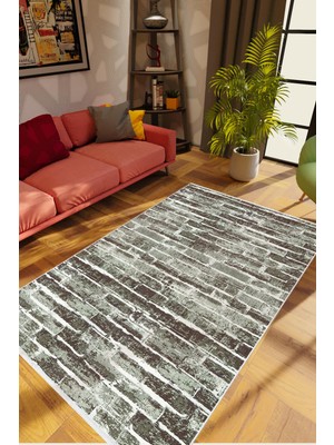 Salon Halısı Taş Mermer Tuğla Desen Gri Kahverengi Kaydırmaz Yıkanabilir Ince Halı Tüysüz Kilim