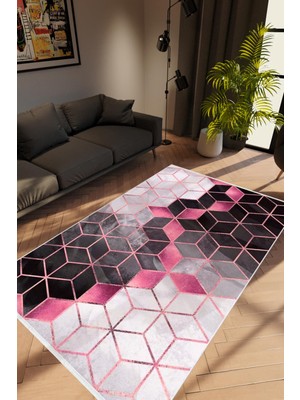 Modern Geometrik Metalik Gri Siyah Pembe Kaydırmaz Kesme Yıkanabilir Ince Halı