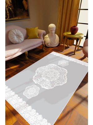 Klasik Gri Mavi Beyaz Kaydırmaz Kesme Yıkanabilir Ince Halı