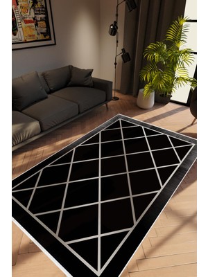 Salon Halısı Modern Geometrik Siyah Gri Kaydırmaz Kesme Yıkanabilir Ince Halı Tüysüz Kilim