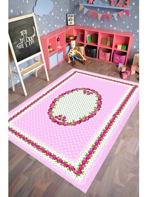 Modern Çiçekli Pembe Kaydırmaz Kesme Yıkanabilir Ince Halı