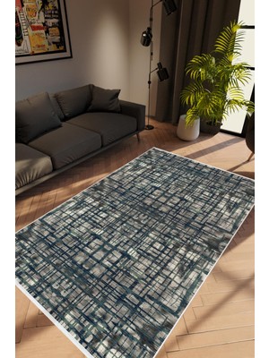 Modern Eskitme Lacivert Gri Mavi Kaydırmaz Kesme Yıkanabilir Ince Halı