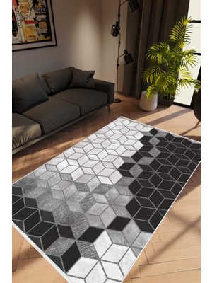 Modern Geometrik Gümüş Gri Siyah Kaydırmaz Kesme Yıkanabilir Ince Halı