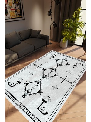 Modern Geometrik Mavi Siyah Kaydırmaz Kesme Yıkanabilir Ince Halı