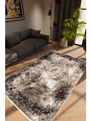 Modern Eskitme Siyah Vizon Kaydırmaz Kesme Yıkanabilir Ince Halı