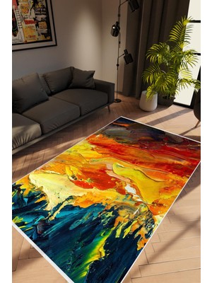 Pastel Modern Tablo Desenli Kırmızı Kaydırmaz Kesme Yıkanabilir Ince Halı