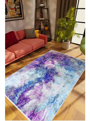 Pastel Modern Mavi Kaydırmaz Kesme Yıkanabilir Ince Halı