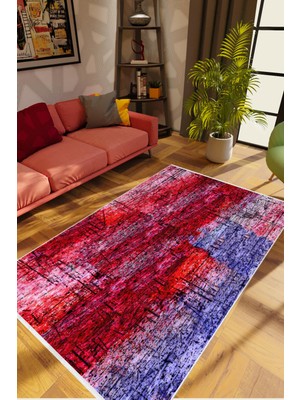 Pastel Modern Kırmızı Lacivert Kaydırmaz Kesme Yıkanabilir Ince Halı