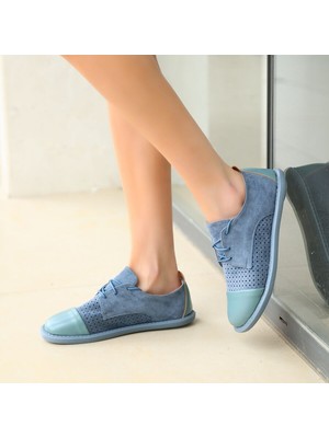 Pabucmarketi Mavi Süet Cilt Detaylı Kadın Babet Ayakkabı