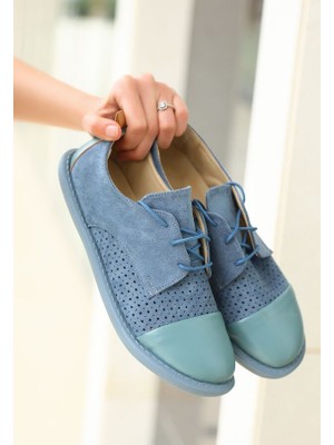 Pabucmarketi Mavi Süet Cilt Detaylı Kadın Babet Ayakkabı