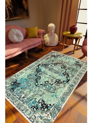 Klasik Eskitme Turkuaz Yeşil Siyah Kaydırmaz Kesme Yıkanabilir Ince Halı