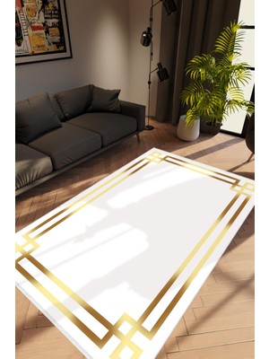 Modern Çizgili Altın Beyaz Gold Kaydırmaz Kesme Yıkanabilir Ince Halı