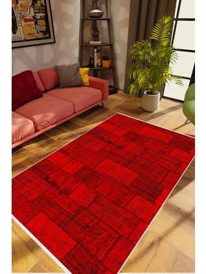 Modern Patchwork Bordo Kaydırmaz Kesme Yıkanabilir Ince Halı