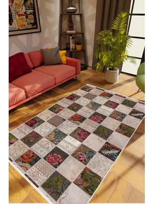 10 Post Online Modern Patchwork Bej Kaydırmaz Kesme Yıkanabilir Ince Halı