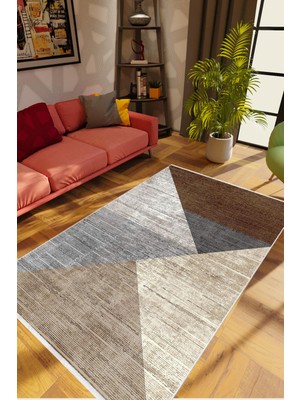 Modern Patchwork Gri Krem Kahverengi Kaydırmaz Kesme Yıkanabilir Ince Halı