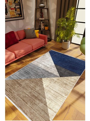 Modern Patchwork Gri Lacivert Kahverengi Kaydırmaz Kesme Yıkanabilir Ince Halı