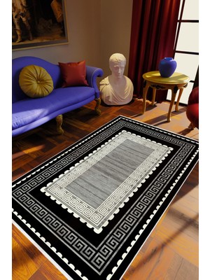 Klasik Siyah Gri Kaydırmaz Kesme Yıkanabilir Ince Halı