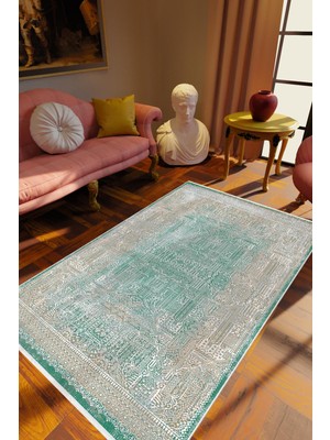 Klasik Turkuaz Beyaz Kaydırmaz Kesme Yıkanabilir Ince Halı