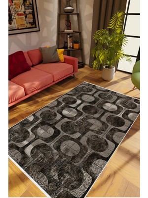 Modern Patchwork Gümüş Gri Anstrasit Kaydırmaz Kesme Yıkanabilir Ince Halı