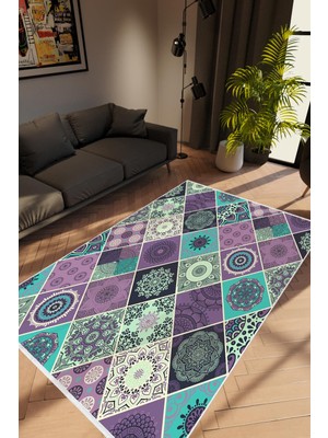 Modern Patchwork Mor Beyaz Turkuaz Kaydırmaz Kesme Yıkanabilir Ince Halı