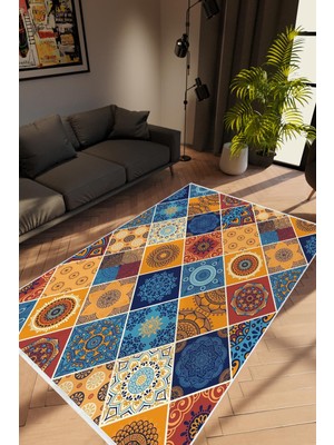 Modern Patchwork Turuncu Kaydırmaz Kesme Yıkanabilir Ince Halı