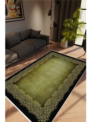 Doku Eskitme Haki Yeşil Siyah Kaydırmaz Kesme Yıkanabilir Ince Halı