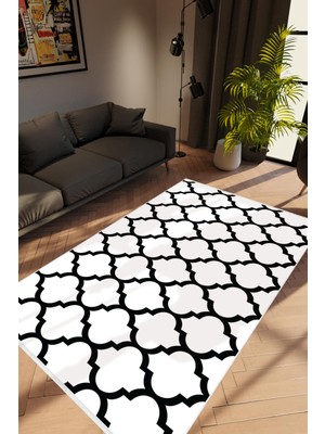Modern Geometrik Beyaz Siyah Kaydırmaz Kesme Yıkanabilir Ince Halı