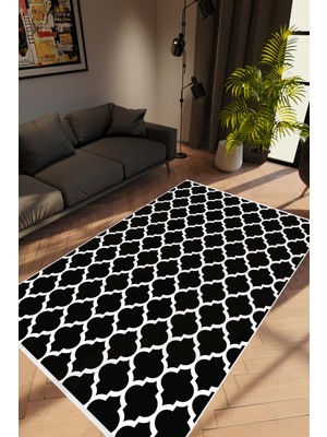 Modern Geometrik Siyah Beyaz Kaydırmaz Kesme Yıkanabilir Ince Halı
