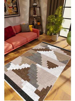 Eskitme Patchwork Kahverengi Krem Kaydırmaz Kesme Yıkanabilir Ince Halı