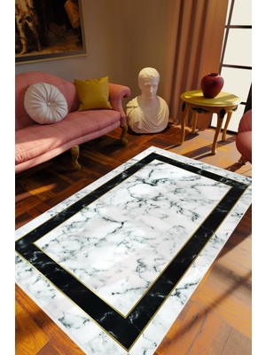 Eskitme Modern Çerçeve Desenli Mermer Gri Beyaz Siyah Kaydırmaz Kesme Yıkanabilir Ince Halı