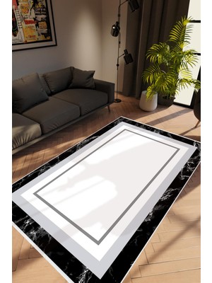 Modern Çizgili Beyaz Gri Siyah Kaydırmaz Kesme Yıkanabilir Ince Halı