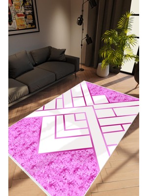 Modern Geometrik Metalik Pembe Beyaz Kaydırmaz Kesme Yıkanabilir Ince Halı
