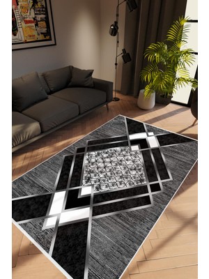 Modern Geometrik Gümüş Siyah Gri Beyaz Kaydırmaz Kesme Yıkanabilir Ince Halı